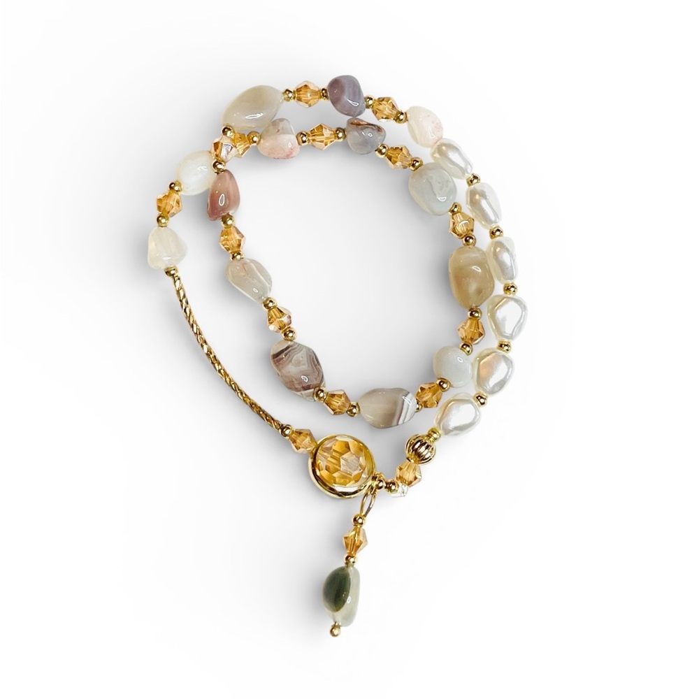 Crystal Gold Pearl Bracelet Gem Stone Beaded Double Layer 6-7” Stretchy - Picture 4 of 5